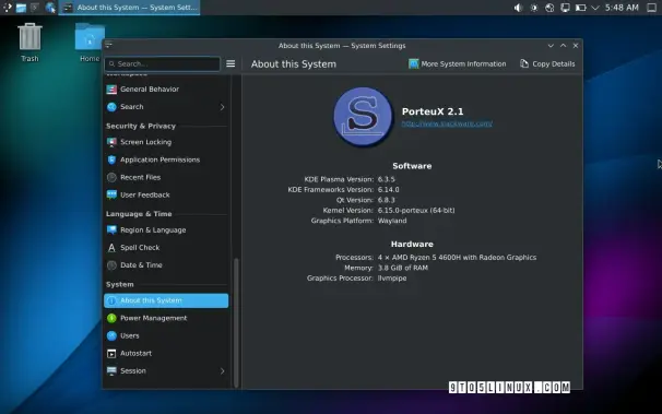 Screenshot of PorteuX 2.1 with the KDE Plasma desktop environment showing the System Settings app.