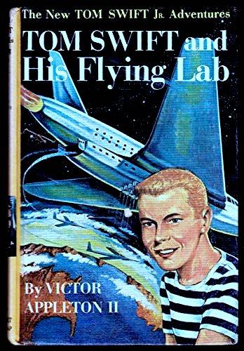 Hardback cover (printed directly on the cover) of Tom Swift and His Flying Lab, part of The New Tom Swift Jr. Adventures, written by Victor Appleton II. The artwork is a striking mid-century illustration featuring Tom Swift, a young, clean-cut, blond-haired protagonist with a confident smile. He wears a short-sleeved, collared shirt with blue and white stripes, embodying the all-American boy-inventor archetype. His expression is one of enthusiasm and curiosity, fitting for the adventurous spirit of the series.
Behind Tom is the centerpiece of the cover—the Flying Lab, a futuristic aircraft with a sleek silver body and an aerodynamic design. The plane has a long, pointed nose, wide wings, and a curved, streamlined fuselage, giving it a distinctly advanced appearance. It also features rows of rivets and what appears to be an array of scientific instruments or mechanical features along its body. A set of rocket-like thrusters or engines emits a bright, fiery exhaust, suggesting high speed and cutting-edge propulsion technology. The background consists of a cosmic scene with deep blues and purples, depicting swirling clouds and a star-studded sky, reinforcing the book's theme of scientific exploration and technological progress.